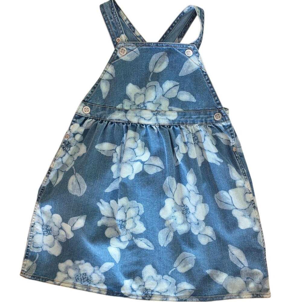 Y2K Vintage Baby Lulu Denim Jumper Dress Size 6 Bleached Floral All Over Print